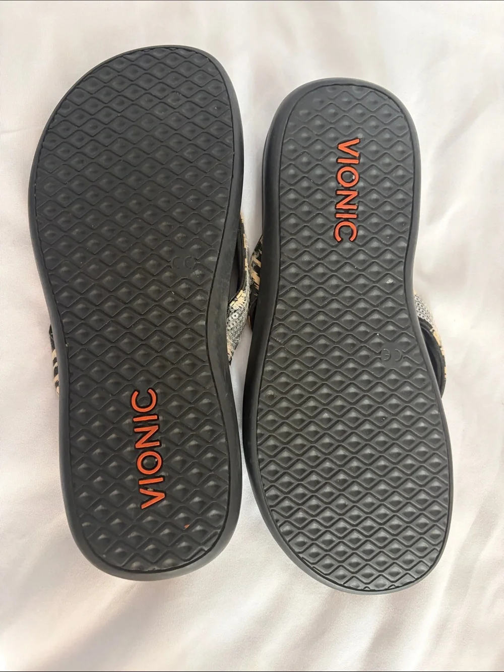 Vionic Black Sandals with Sequined Beige and Tan Straps